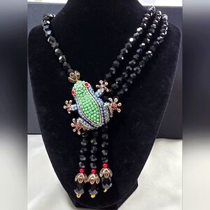 Statement Necklace Black Glass Beaded Rhinestone Frog Pendant